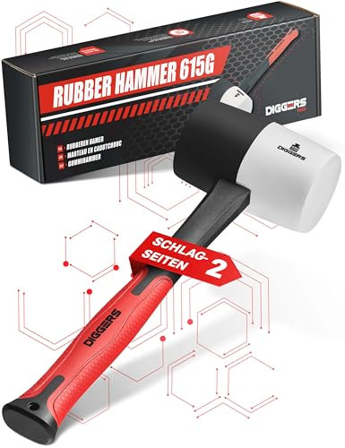 Diggers Tools Gummihammer Weiß/Schwarz 615g [ Allrounder 2-in-1 Funktion ] ⌀=55mm Doppelseitiger Schonhammer rückschlagfrei mit rutschfestem Fiberglasgriff - Camping Hammer, Pflasterhammer