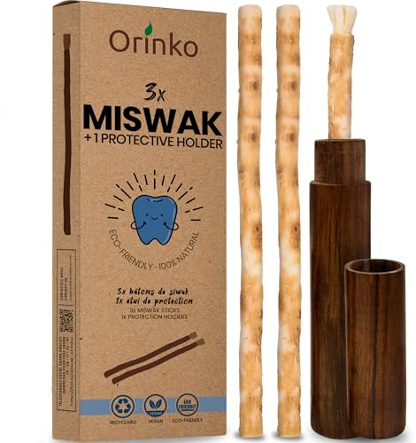 ORINKO® Siwak Naturale x3 con Custodia x1 - Spazzolino Ecologico per Denti - Miswak Africano per Pulizia, Sbiancamento e Igiene Orale - Bastoncini di Araak come Alternativa Sostenibile
