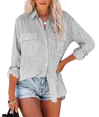 NONSAR Chemisier femme manches longues rayures hauts décontracté chemise rayée coton tunique chemisier manches longues tops chemisier lin, XXL