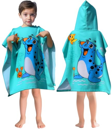Domueay Poncho Toalla de Baño Niños León Marino Microfibra Toalla de Playa con Capucha, para Piscina Toalla Poncho, Suaves y Absorbente Albornoz para Infantiles 2-6 años, 60x60cm