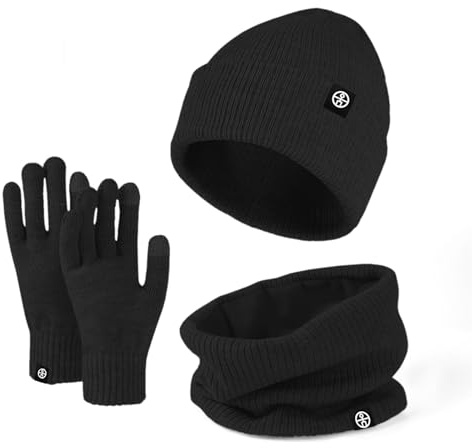 Baynetin Chapeau Bonnet D'hiver Écharpe et Gants à Écran Tactile Ensemble Thermique Tricoté Hiver Doublure Intérieure en Polaire Douce Brossée Unisexes pour Ski Activité de Plein Air (Noir)