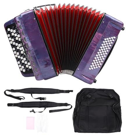 62 Key Chromatic Button Accordion, 60 Bass F B E Tuning, with Padded Bag | Red pine wood body, purple finish, 3 voice variations for timbre and volume, celluloid keyboard, adjustable bass strap,