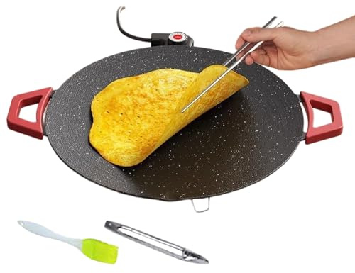 s Elektrisk matlagning - rund non-stick | Bordsgrill med oljeborste och grillklämmor | för, grill, frukost, bakning, biff, pannkaka, hamburgare, ägg