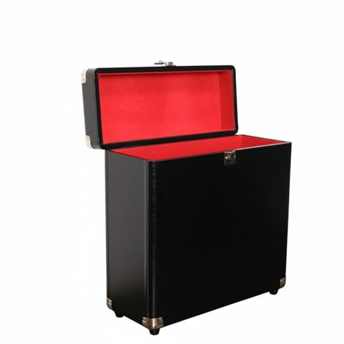 Gralara Estuche para Discos de Vinilo Caja Organizador Maletín Baúl con Interior de Terciopelo y Cierre Metálico Asa Reforzada y Acabado en Piel Sintética, Negro+Rojo