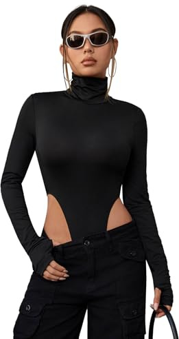 SOLY HUX Women's High Turtle Neck High Cut Long Sleeve Solid Fitted Skinny Bodysuit Leotard Black M