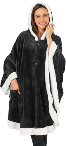 PAVILIA Hooded Blanket Poncho, Women Fleece Shawl Wrap with Hood, Wearable Blanket Cozy Warm Poncho Cape Throw with Pockets, Gift for Elderly Mom, Black