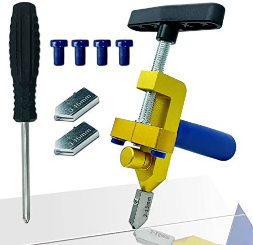 Glass Cutter Hand Tool, Manual Tile Cutter, 2 in 1 Glass Cutting Tool with Glass Breaking Pliers, DIY Tool Kit, 3 Tungsten Steel Blades, 4 Tips, 1 Screwdriver, Golden
