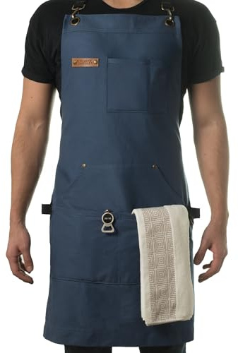 Asaya Chef & BBQ Apron with Pockets - Cross Back Canvas Cooking Apron for Women and Men, Adjustable Work & Grilling Aprons with Pocket, Bottle Opener and Hand Towel, 10oz Cotton Canvas (Blue)