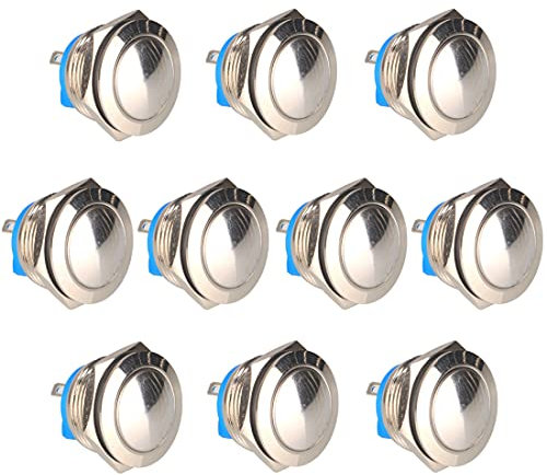 GUUZI 10pcs Pulsadores de Metal de Acero Inoxidable Impermeables Momentáneos de 19mm, 12V 24V 36DC, 110V 250VCA 3A, 1 NO SPST (Superficie Esférica)