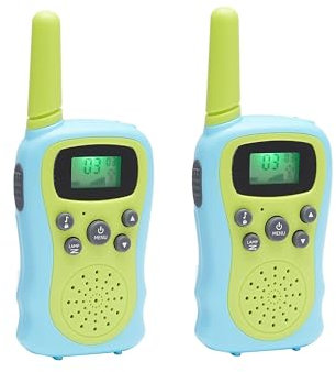 Amazon Basics Walkie-Talkie, 2-teiliges Set für Kinder ab 3 Jahren mit Tastensperre, 10 Ruftönen und großer Reichweite, Grün/Blau