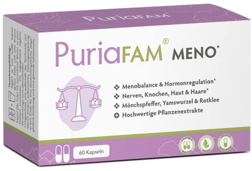 PuriaFAM Meno - 60 Wechseljahre Kapseln pflanzlich - Yamswurzel Mönchspfeffer, Johanniskraut, Rotklee - Menopause Tabletten