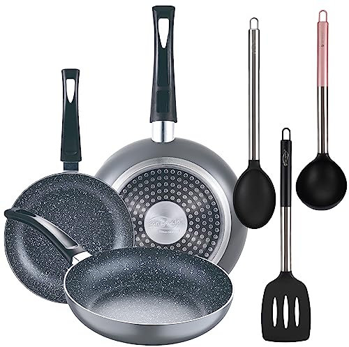 Set 3pc sarten (16+20+24cm) aluminio prensado, inducción, negra Soul Marble con Set 3pc utensilios de cocina nylon