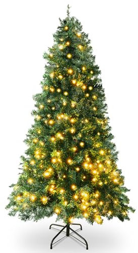 SA Products 6ft Pre-Lit Artificial Christmas Tree – 1,142 Alaskan Pine Tips - Christmas Tree with 400 Vibrant LED Lights, 8 Lighting Modes & Timer, Slim PVC Xmas Tree for Small Spaces & Holiday Decor