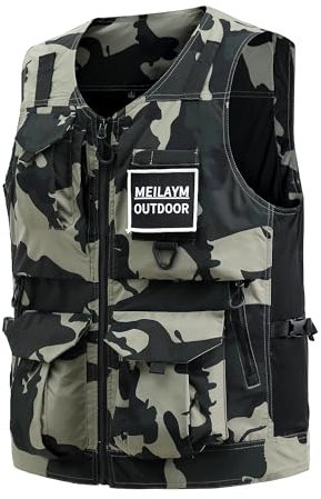 MeiLayM Herren Outdoor Weste mit Vielen Taschen Leicht Atmungsaktiv Anglerweste schnelltrocknend Multifunktions Weste Camping Fotografie Ärmellos Jacke Tarnfarbe Khaki,L