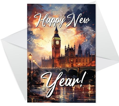 RED OCEAN Happy New Year Celebration Card For Friends and Family, New Year Greetings Card With White Envelope, New Years Eve Card For Neighbours Colleague Friends