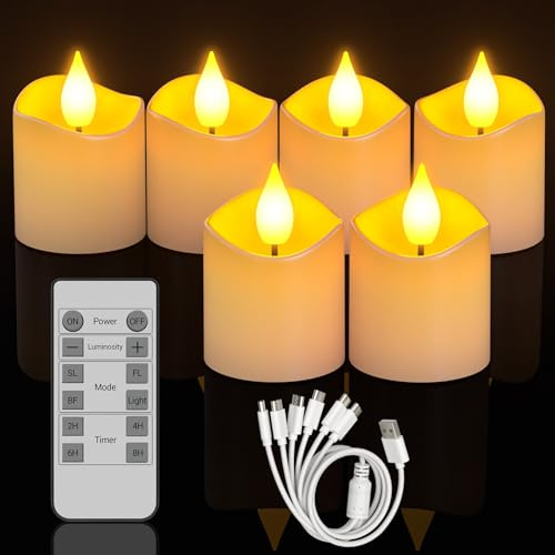 SoulBay 6 pezzi ricaricabili LED Tealight tremolanti con telecomando e funzione timer, candele elettriche a LED ricaricabili con cavo USB per feste, soggiorno, Halloween, decorazioni natalizie