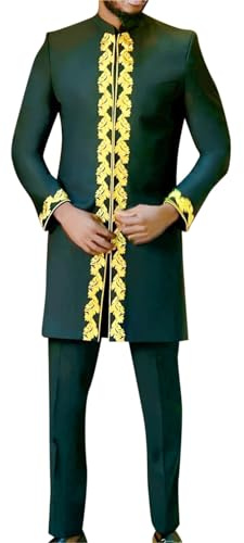 Gefomuofe Ensemble Dashiki pour homme - Costume ethnique traditionnel - Tenue décontractée - Confortable - Deux pièces - Robe ethnique africaine, vert, M