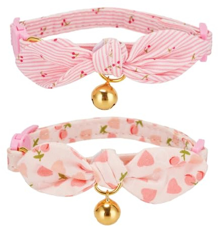 Petiry Bow Cat Collar with Bell - Breakaway Pink Kitten Collar featuring Detachable Knot Bowtie,Heart and Cherry Design,Pack of 2