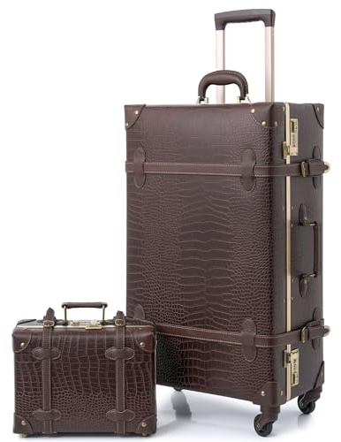 Urecity resväska vintage med 4 hjul handkärra resväska lätt retro hårt skal resväska 2 delar med 30 cm liten kropp, Krokodilprägling brun, S(12)+L(26), Vintage