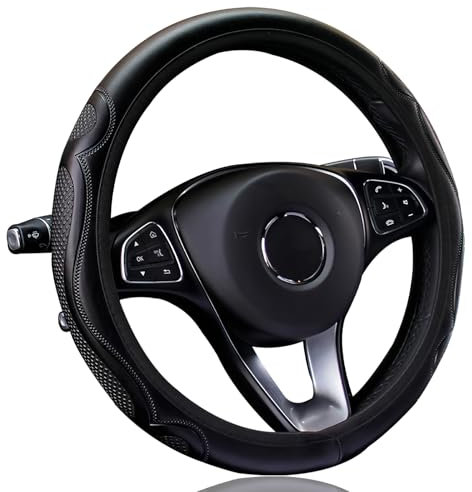 Lenkradbezug Leder, Lenkradhüllen Universal Anti Rutsch Atmungsaktiv Verschleißfest Elastizität Prägung Mikrofaser Auto Lenkradbezug Schutzhülle Steering Wheel Cover 37-38cm Schwarz