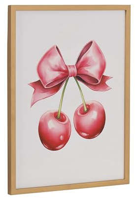 Kate and Laurel Coquette Preppy Retro Girly Red Pink Bow Cherries Framed Wall Art by The Creative Bunch Studio, 12x16 Gold, Cute Hair Bow Art for Wall