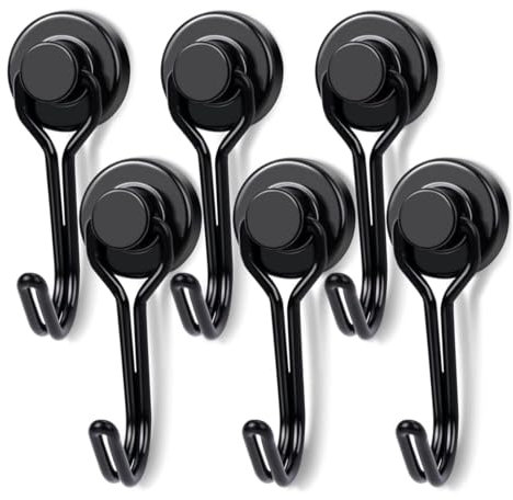 OUDQFCJ 6 pezzi Ganci magnetici extra forti, calamite potenti, rotanti, antiruggine, supportano 10kg, ganci in metallo per cucina (16mm) (Nero)