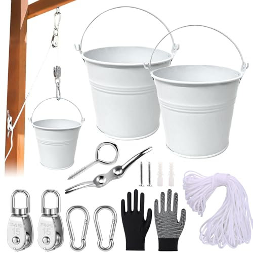 Flaschenzug Kinder,Flaschenzug mit Metalleimer,Spielturm Zubehör,Zubehör fürs Baumhaus Spielturm,Flaschenzug mit Eimer,Kinder-Riemenscheibensystem Spielturm Zubehör Gartenspielzeug für ab 3 Jahren