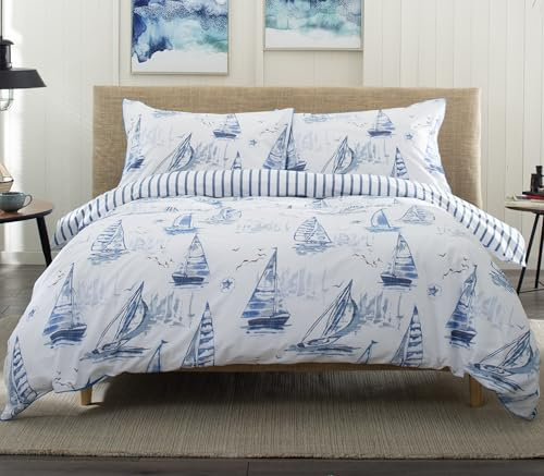 Solent 100% Cotton Duvet Cover Set – Stylish Piped Edge, Hand-Drawn Sailboat Design, Soft Watercolor Blue, Breathable 144-Thread Count, Machine Washable, Single to Super King Sizes [Single-White]