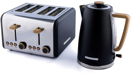 Hamilton Beach Kettle and Toaster Set, Scandi, Electric Kettle 1.7L, Wide Slot Toaster 4 Slice, Boil Dry Protection, 6 Variable Browning Levels, Black - HB0102MBST