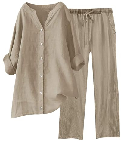 Conjunto Elegante de Lino para Mujer de Verano Coordinado Camisa Larga + Pantalones Ligeros de Algodón y Lino Conjunto Deportivo de Primavera Curvy de Dos Piezas Mangas 3/4 Jogging Traspirante