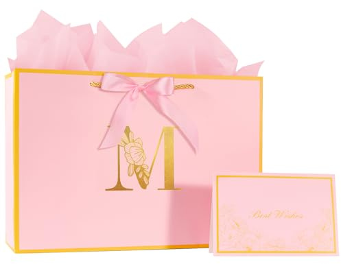 12.6Inch Large Pink Letter Gift Bag with gift Card and Tissue Paper for Girl Women's Birthday,Valentine's Day, Thank You,Christmas,Any Occation (Pink M)