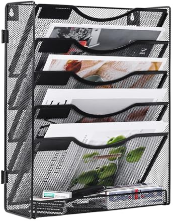 TQVAI Organizador de almacenamiento de 6 niveles de metal para archivos de pared, organizador de escritorio de papel A4 montado en la pared, organizador de artículos de papelería ordenado en bandeja