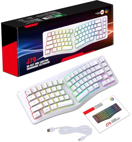 Yanmis Delad Ergonomisk Tangentbord, USB C -trådbundet Skriver Naturligt Tangentbord med 18 Lägen RGB -bakgrundsbelysta, 69 Tangenter, Löstagbar Kabel för Dator Skrivbord (Vit)