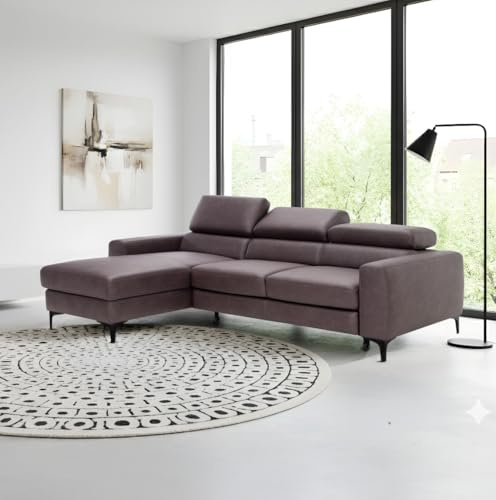 BUGAJSKI Ecksofa 3-Sitzer L-Form mit Schlaffunktion & Bettkasten beidseitig montierbar (Rechts/Links) verstellbare Kopfstützen 219×177 cm Sofa für Wohnzimmer Dunkelbraun