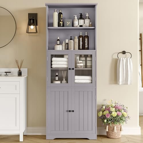 Merax Armoire haute de salle de bain, 57,4 x 28,4 x 162,5 cm, en MDF, avec porte en verre et porte en bois, entièrement laquée, deux compartiments de rangement ouverts, séparateurs réglables