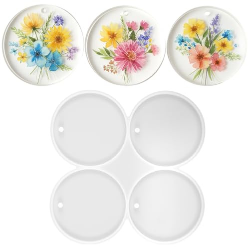 Resin Molds Silicone, 4 Cavity Round Resin Coaster Moulds for Epoxy Resins, Reusable Silicone Resins Molds for Crafting, Cups Mat, DIY Crafts, Bouquet Preservation