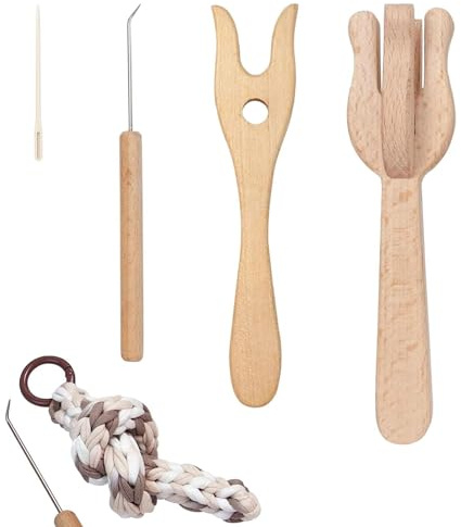 Lucet Braiding - Juego de 4 Tenedores Trenzados de Madera, Herramientas de de Bricolaje con Agujas de Gran Mancha, Juego de Tenedores de Tejer portátiles, Trenzas de Madera para Hojas y
