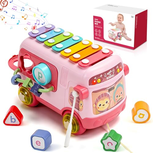 1-2 Year Old Girl Toys Gifts, Musical Sensory Activity Bus Toy for Baby | Pull Along Musical Bus with Xylophone & Shape Sorter for Motor Skills, Early Learning Toy, Christmas Birthday Gift for Girls