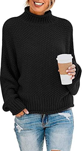 YUNDAI Womens Jumpers Turtleneck Batwing Long Sleeve Loose Oversized Sweater Knitted Pullover Solid Color Chunky Tops for Winter Large Black