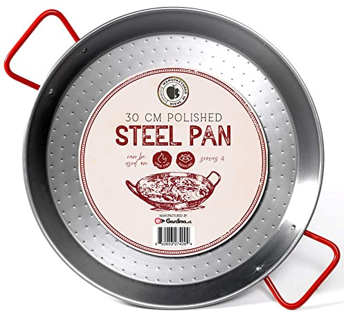Gourmanity Paellera de acero al carbono de 12 pulgadas, sartén grande de acero pulido de 30 cm de España, ideal para fiestas de paella en interiores, exteriores, camping y más, Paellera española