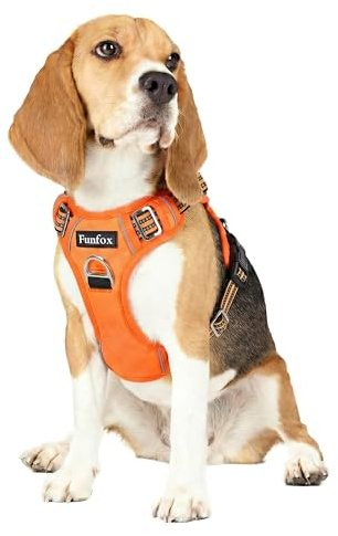 Funfox Dog Harness Medium, No Pull Harness with Front Clip & Vertical Handle, Adjustable Anti Pull Padded Pet Vest, Reflective Night Walking Size for Small Medium Large Breed, Orange M