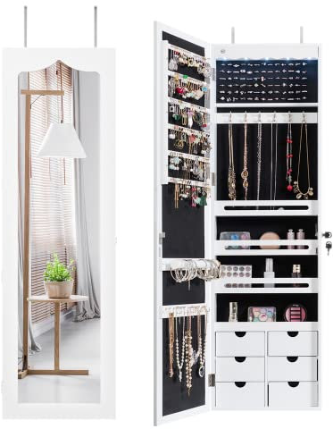 Multigot 5 LED Lights Jewellery Cabinet, Hanging or Wall Mounted Ornament Armoire, Full Length Mirror Lockable Makeup Storage Organizer (White)