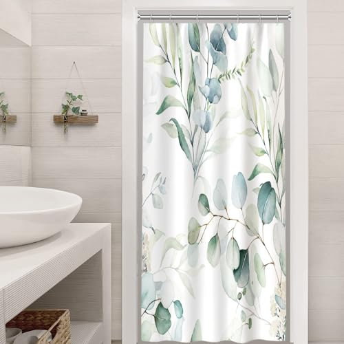 Duschvorhang Grün, Uiiooazy Duschvorhang Eukalyptus Schmal 90x180cm Blau Blätter Weiß Blumen Klein Duschvorhäng Anti Schimmel Wasserdicht Polyester Stoff Waschbar Bad Vorhang mit 6 Haken für Badewanne