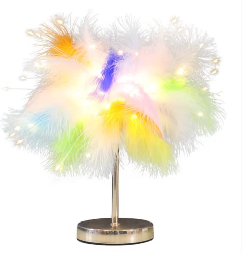 DUNMW Lampada da comodino creativa Mini lampada da tavolo in piuma colorata con fuochi d'artificio LED perline Lampada da tavolo in piuma Luce notturna Luce decorativa per camera da letto, soggiorno