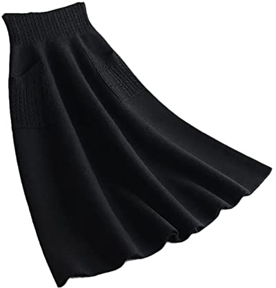 Jupe longue en laine tricotée pour femme Alloaone - Automne/Hiver - Taille haute avec poche - Jupe mi-longue tricotée à coupe ample - Jupe unie, Noir , XXL
