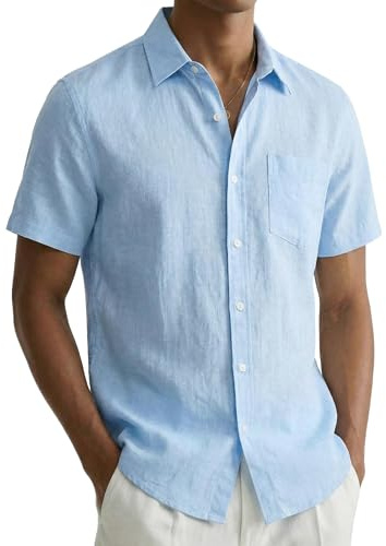 COOFANDY Short Sleeve Shirts Men Linen Shirts Summer Holiday Shirt Casual Beach Shirt Formal Sky Blue S