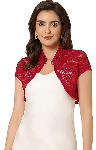 Allegra K Boléro en Dentelle Femmes à Manches Courtes Gilet Court Transparent pour Invité De Mariage Cardigan Col Montant Élégant Rouge M