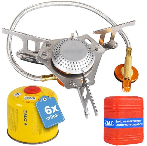Z.M.C Mini Campingkocher, transportabler Kartuschenkocher Gaskocher aus rostfreiem Stahl, mit Aufbewahrungsbox, mit 6X Gaskartuschen 3700W, Verbrauch 213g/h, Piezo-Zündung kompakt