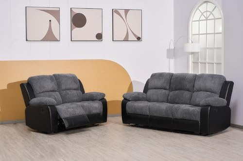 Rio Recliner Black/Grey Jumbo Cord Fabric 3+2+1 Seater Sofa Set - For Living Room Furniture - 3 Seater Sofa 2 Seater Sofa Settee Armchair - Cheap Couches (3+2 Seater Sofa)