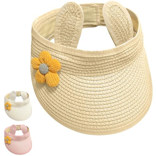 Yaopelky Bebé Niñas Enrollar Paja Sombrero Infantil Lindo Flor Abrir Visera Sombrero Verano Playa Protección Solar Gorra Ajustable para 6M-2Y (FR/ES, Edad, 6 Meses, 2 años, Beige)